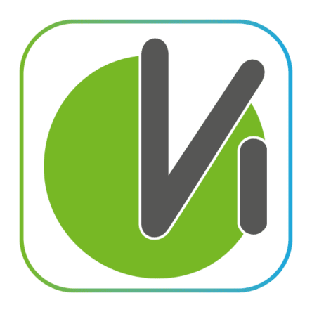 Vitakt-App Icon Logo mit stilisiertem grünen Kreis und grauem Buchstaben „V“ innerhalb. Umrandung in Blau. Minimalistische Designästhetik.