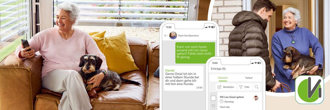 Ältere Frau mit Smartphone und Hund auf einem Sofa, neben ihr ein Mann im Gespräch. Chat-Nachrichten auf dem Bildschirm.