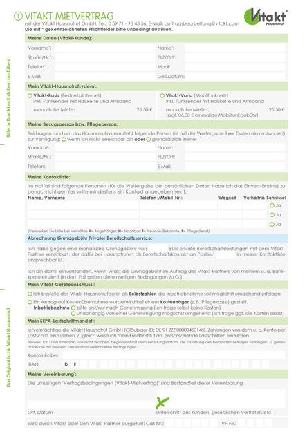 ALT-Text: Formular mit Informationen zu einem Mietvertrag f&uuml;r ein Hausnotrufsystem von Vitakt Hausnotruf GmbH.