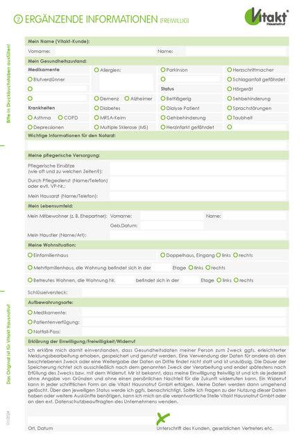 Formular zur Gesundheitsdatenaufnahme, inklusive pers&ouml;nlicher Angaben, Gesundheitszustand und Einwilligungserkl&auml;rung.