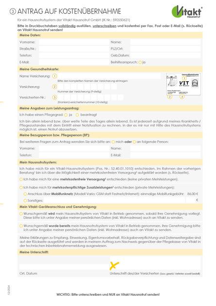 Formular zur Kosten&uuml;bernahme f&uuml;r den Vitakt Hausnotrufdienst mit Vorgaben f&uuml;r Ausf&uuml;llung und Unterschrift.