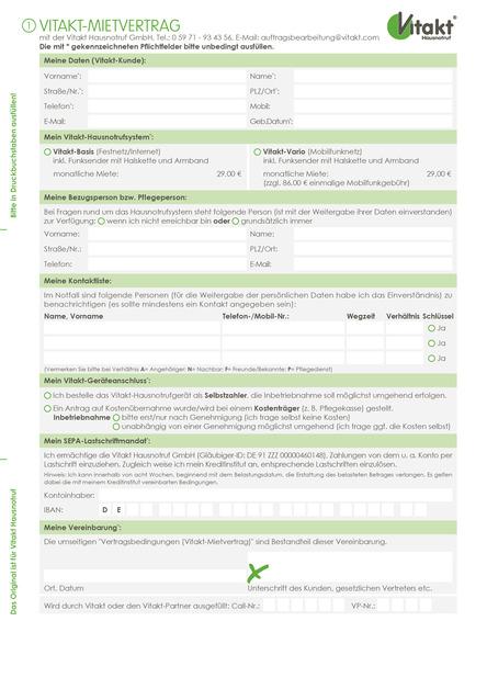 Mietvertrag f&uuml;r das Vitakt Hausnotrufsystem